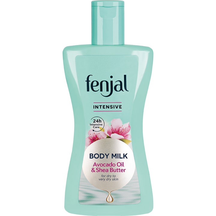 Fenjal Intensive Body Milk 200 ml fuktighetskrem med sheasmør i lyseblå flaske med rosa blomster