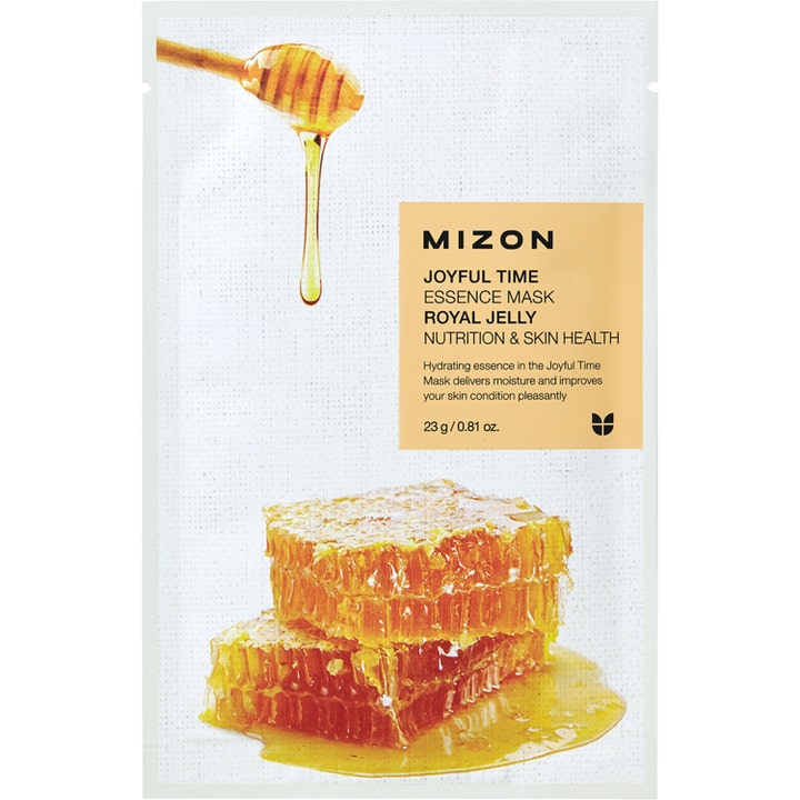 Mizon Joyful Time Essence Mask Royal Jelly 23g næringsgivende ansiktsmaske i hvit sachet dekorert med honning