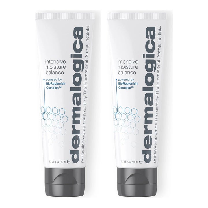 Dermalogica Intensive Moisture Balance 50 ml nærende ansiktskrem som gjenoppretter fukt i to hvite tuber med grå kork.