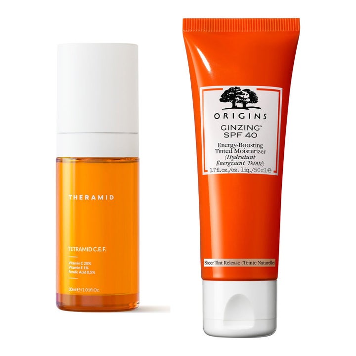 Theramid Tetramid C.E.F 30ml og Origins GinZing SPF 40 50ml gir glød i oransje pumpeflaske og tube med hvite korker