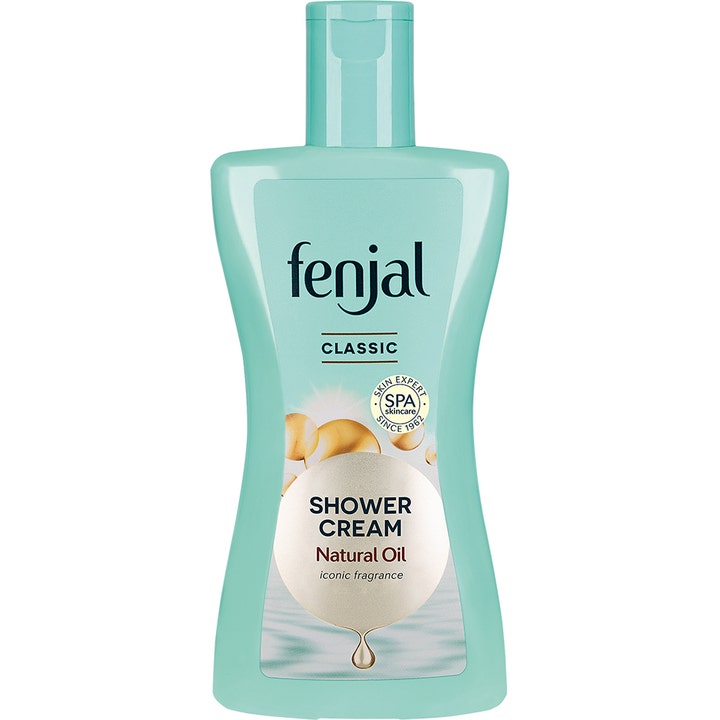 Fenjal Classic Shower Cream fuktighetsgivende dusjkrem med naturlig olje i en buet turkis plastflaske.