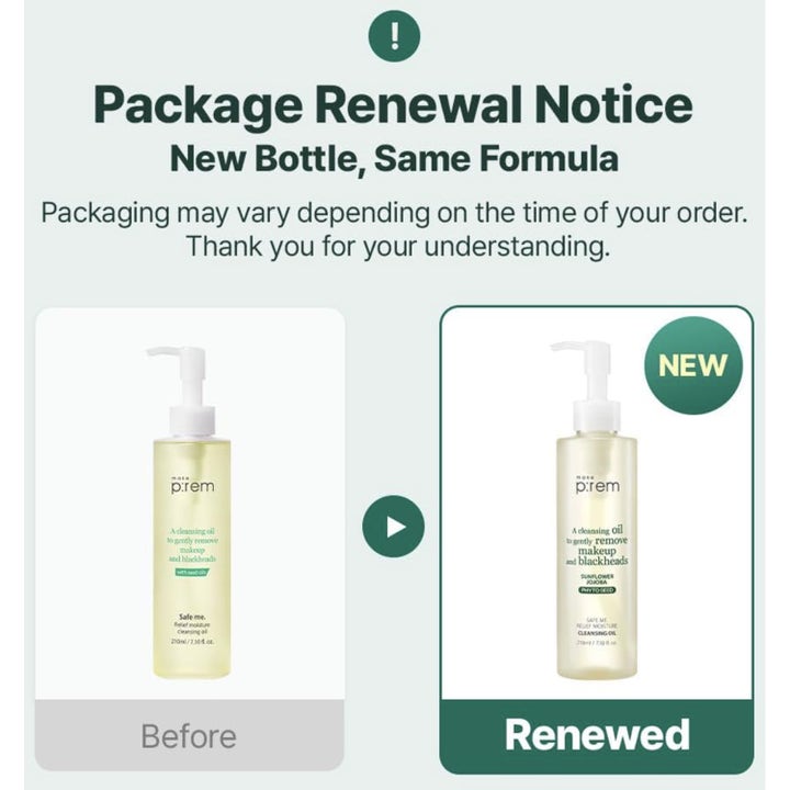 Make Prem Safe Me. Relief Moisture Cleansing Oil 210 ml fuktighetsgivende ansiktsrengjøring med lysegul oljetekstur
