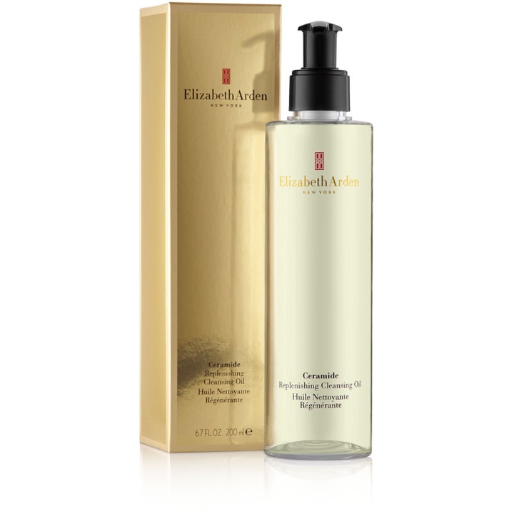 Elizabeth Arden Replenishing Cleansing Oil 200 ml pleiende oljerens i klar flaske med svart pumpe og gulleske.