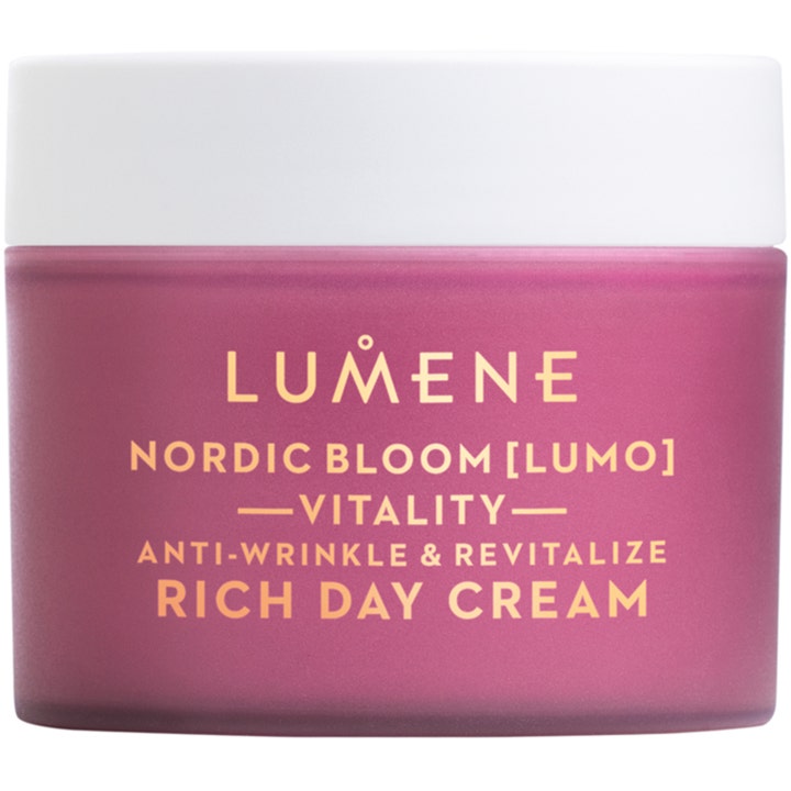 Lumene Nordic Bloom Vitality Rich Day Cream anti-rynke dagkrem i lilla glasskrukke med hvitt lokk og gulltekst