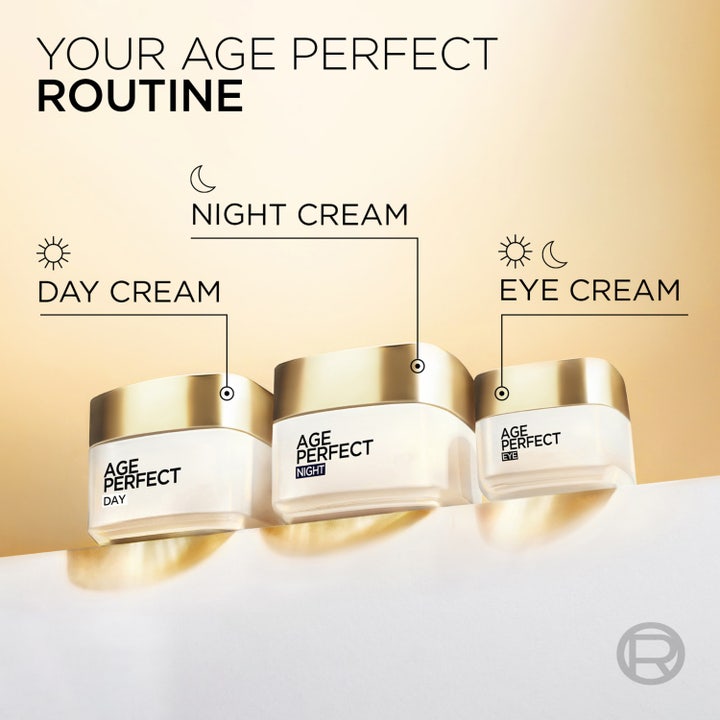 L'Oréal Paris Age Perfect nattkrem 50 ml gir fastere hud vist på moden kvinne med tekst Firm skin in just 1 use