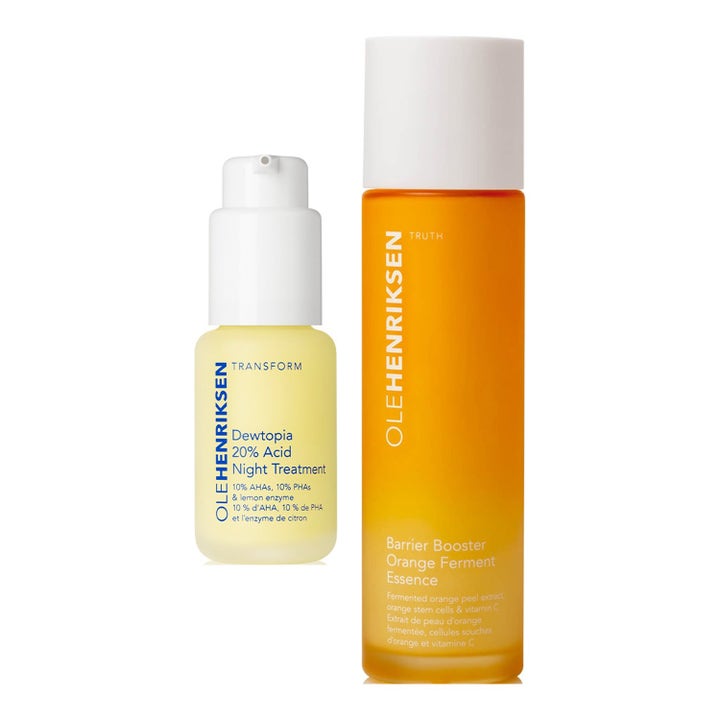 Ole Henriksen Dewtopia og Barrier Booster duo for glød og fukt i gul og oransje glassflaske med hvite korker.
