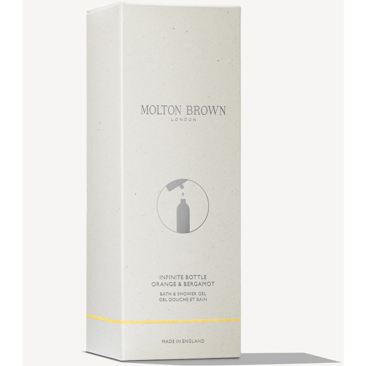Molton Brown Orange & Bergamot Infinite Bath & Shower Gel 400 ml oppfriskende dusjsåpe i hvit eske med gul stripe.