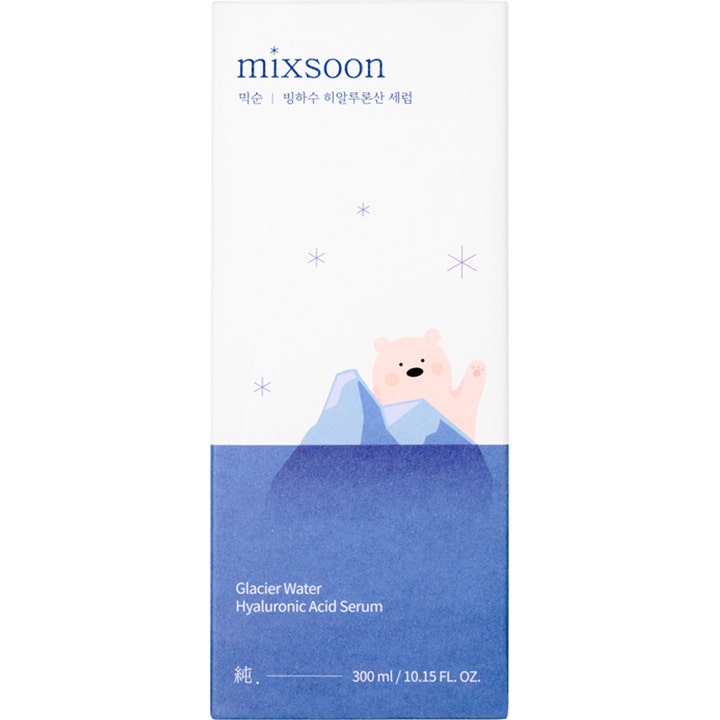 Mixsoon Glacier Water Hyaluronic Acid Serum 300 ml fuktighetsgivende ansiktsserum i eske med isbjørn og isfjell