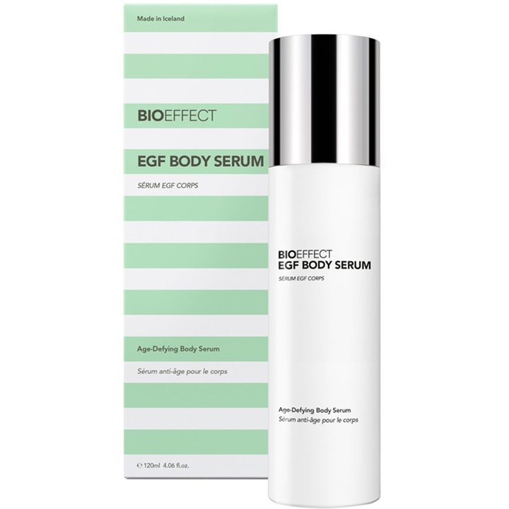 Bioeffect EGF Body Serum 120 ml aldersforebyggende kroppsserum i hvit flaske med sølvkork og eske med grønne striper