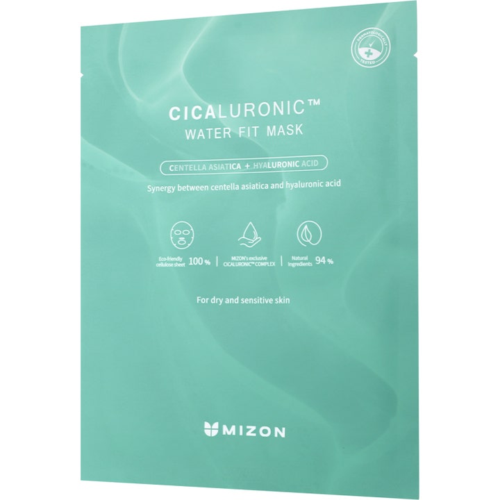 Mizon Cicaluronic Water Fit Mask 24 g fuktighetsgivende ansiktsmaske i lysegrønn innpakning med centella asiatica.