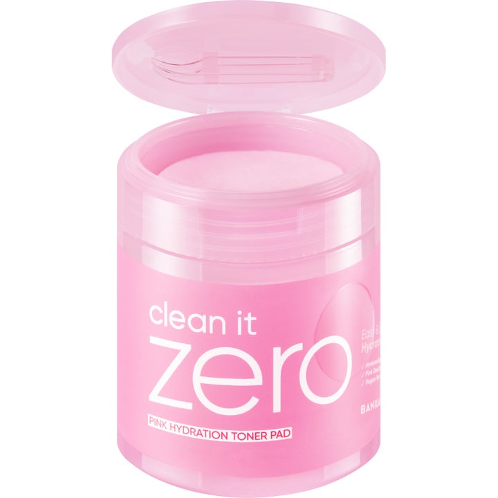 Banila Co Clean It Zero Pink Hydration Toner Pad 70 stk vegansk toner i rosa krukke med pads og pinsett i lokket.