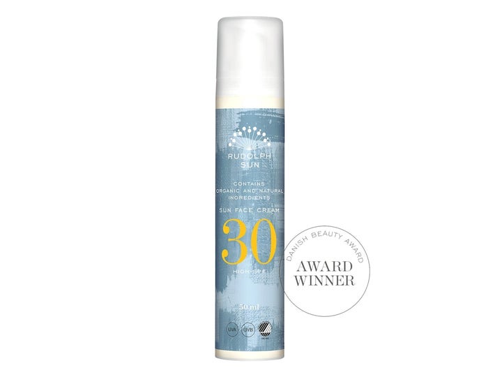 Rudolph Care Sun Face Cream 50 ml beskyttende solkrem i hvit pumpeflaske med blå etikett og gult 30-tall