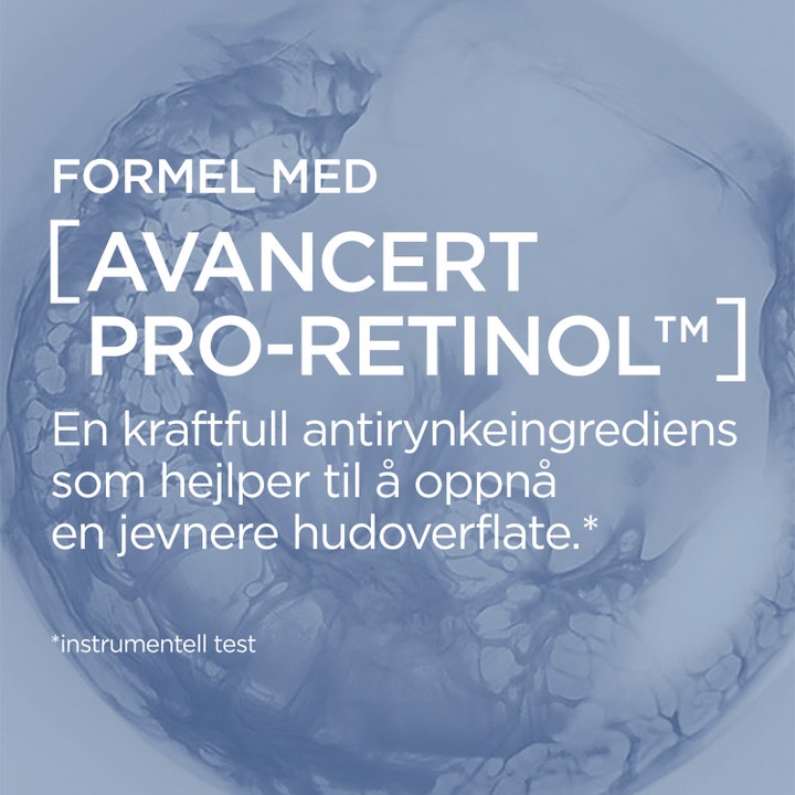 L'Oréal Paris Revitalift øyekrem 15 ml med Avancert Pro-Retinol som gir jevnere hudoverflate i blå grafikk.