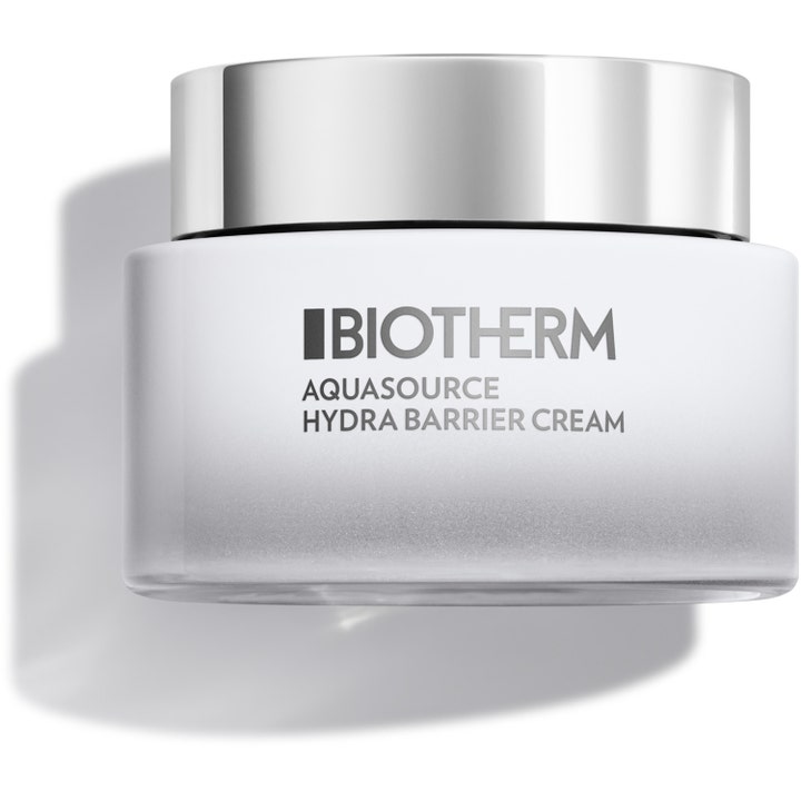 Biotherm Aquasource Hydra Barrier Cream 50ml fuktighetsgivende ansiktskrem i hvit frostet glasskrukke med sølvlokk