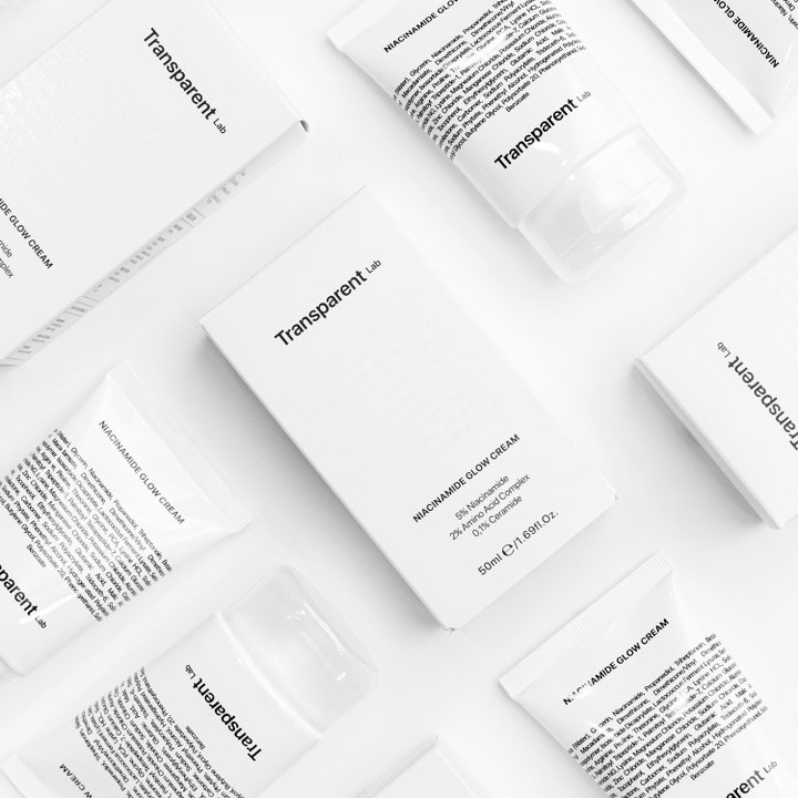 Niche Beauty Lab Transparent Lab Niacinamide Glow Cream 50 ml glødgivende ansiktskrem i hvite esker med 5% Niacinamide