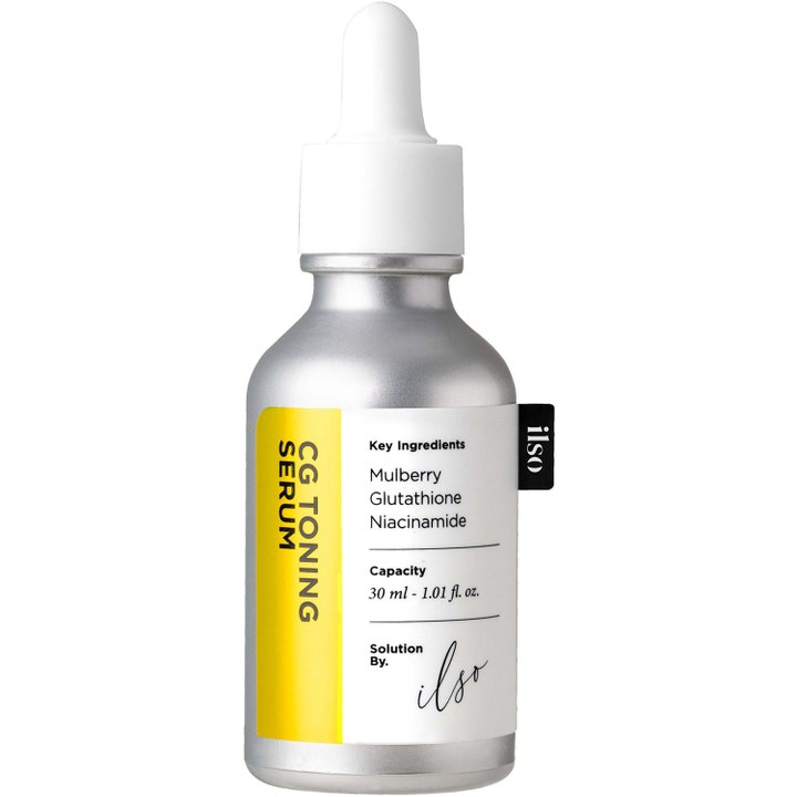 ilso CG Toning Serum 30 ml med niacinamide gir glød i en sølvfarget flaske med hvit pipette og gul etikett