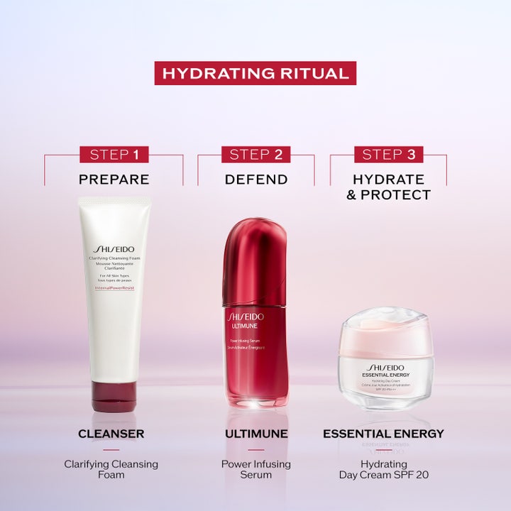 Shiseido Essential Energy Hydrating Day Cream 50 ml fuktighetskrem i en tre-stegs rutine for rens, forsvar og fukt.