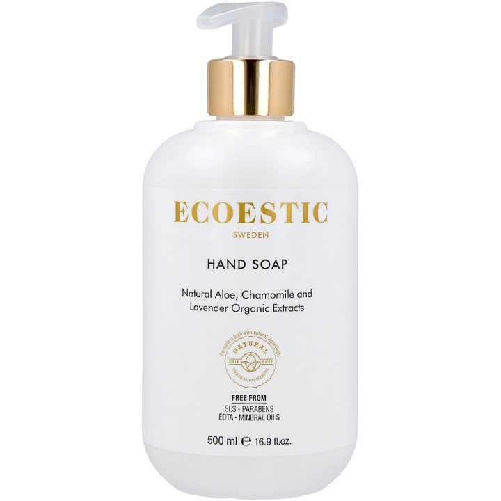 Ecoestic Hand Soap 500 ml pleiende håndsåpe med aloe vera og lavendel i hvit flaske med gulldetaljer og pumpe.
