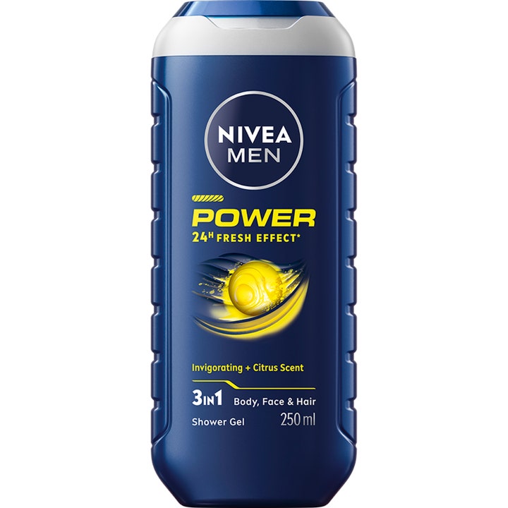 Nivea Men Power 250 ml dusjsåpe med sitrusduft i en blå flaske som gir en forfriskende følelse.