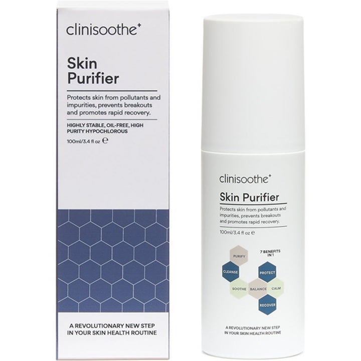 Clinisoothe Skin Purifier Spray Duo 100 ml x2 beroligende ansiktsvann i hvit sprayflaske og eske med blått mønster