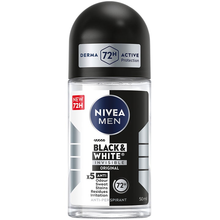 Nivea Men Black & White Invisible Original 50ml anti-perspirant mot lukt og flekker i klar glassflaske med svart kork