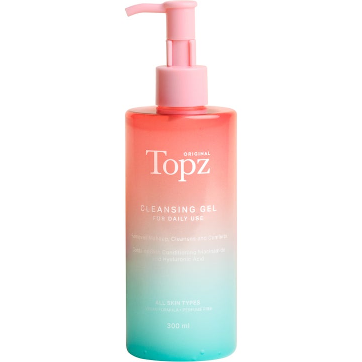 Topz Cleansing Gel 300 ml ansiktsrens med niacinamid i en frostet pumpeflaske med rosa og turkis fargeovergang
