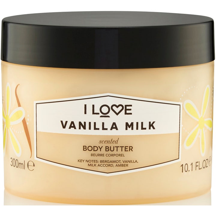 I LOVE Vanilla Milk 300ml pleiende body butter i beige plastkrukke med svart lokk og dekorative vaniljeblomster