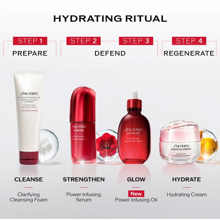 Shiseido Ultimune Power Infusing Oil 75 ml ansiktsolja gir glød i en rød glassflaske som steg tre i en hudpleierutine.