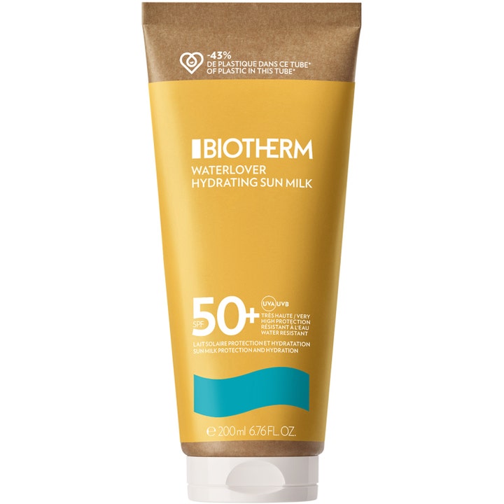 Biotherm Waterlover Hydrating Sun Milk 200 ml fuktighetsgivende solkrem med SPF 50 i gul tube av papp med blå bølge