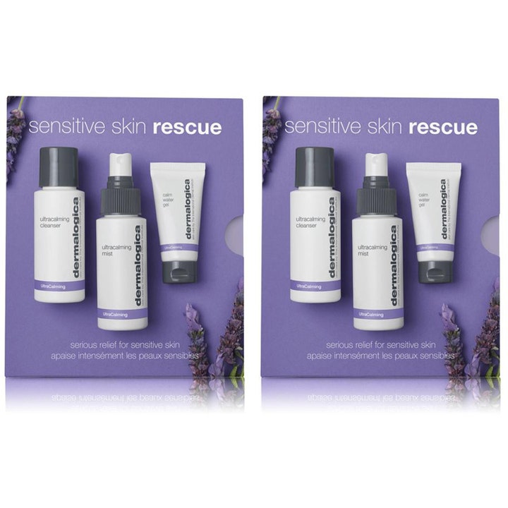 Dermalogica Sensitive Skin Rescue 3 stk beroliger sensitiv hud med rens, mist og gel i lilla eske med lavendel.