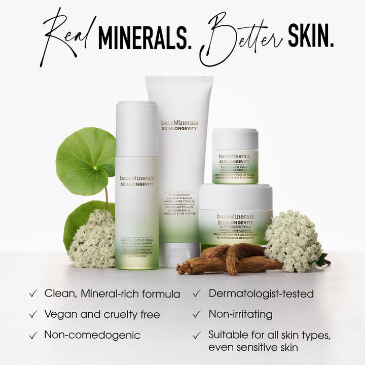 bareMinerals Skinlongevity Barrier Boosting Serum 30 ml vegansk ansiktsserum med mineraler, grønne blader og hvite blomster