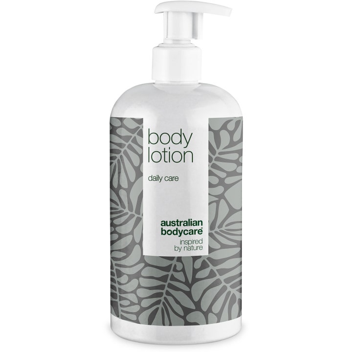 Australian Bodycare Body Lotion 500ml fuktighetsgivende kroppslotion i hvit pumpeflaske med grått bladmønster