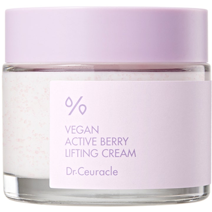 Dr. Ceuracle Vegan Active Berry Lifting Cream 75 ml fuktighetskrem i glasskrukke med lilla lokk.