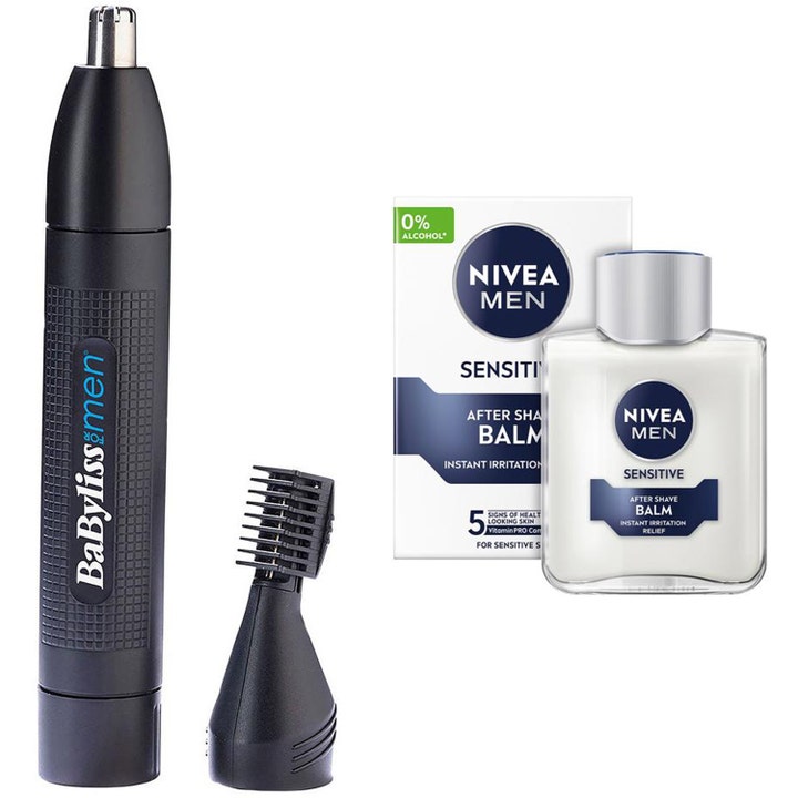 BaByliss Nivea Men Barberingssett med svart nese- og øretrimmer og After Shave Balm 100ml som pleier sensitiv hud.