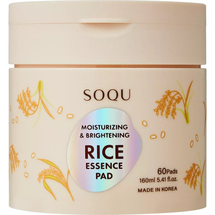 SOQU Rice Essence Pad 60 pads fuktgivende ansiktspads som gir glød i beige krukke med holografisk etikett.