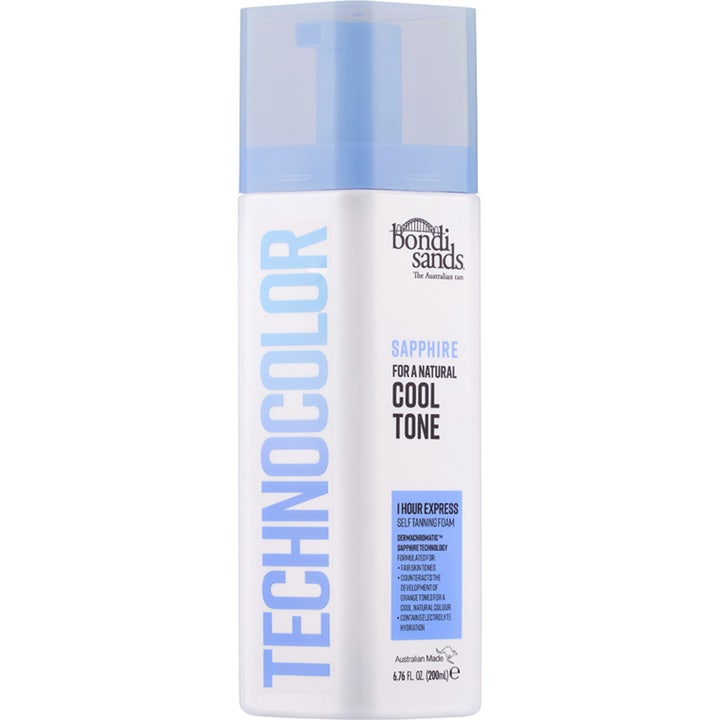Bondi Sands Technocolor Sapphire 200ml selvbruning for kald hudtone i hvit pumpeflaske med lyseblått lokk