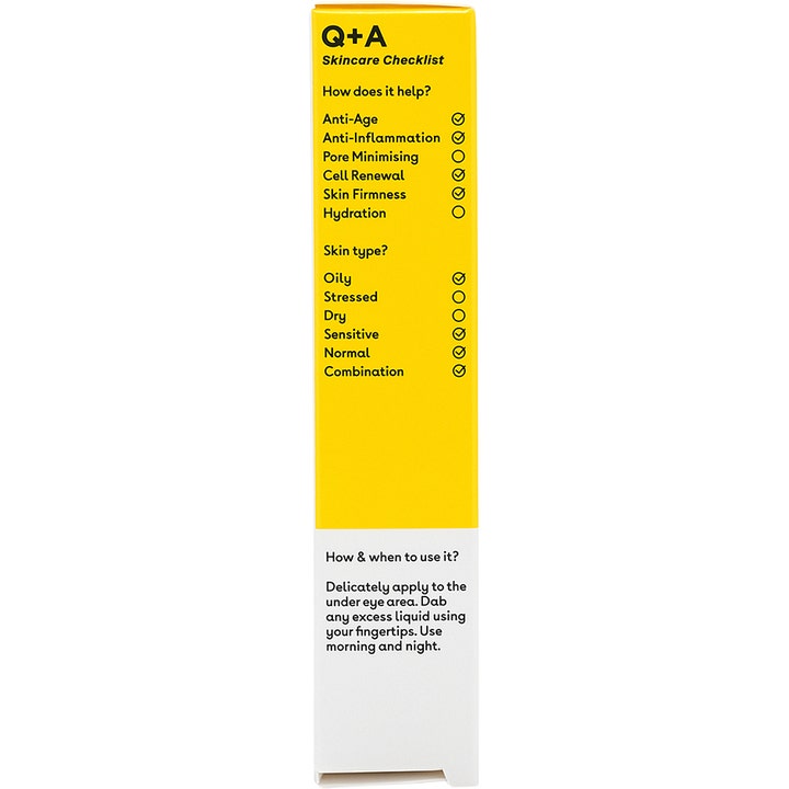 Q+A Caffeine Eye Serum 15 ml øyeserum i gul og hvit eske med sjekkliste for anti-age og brukerveiledning
