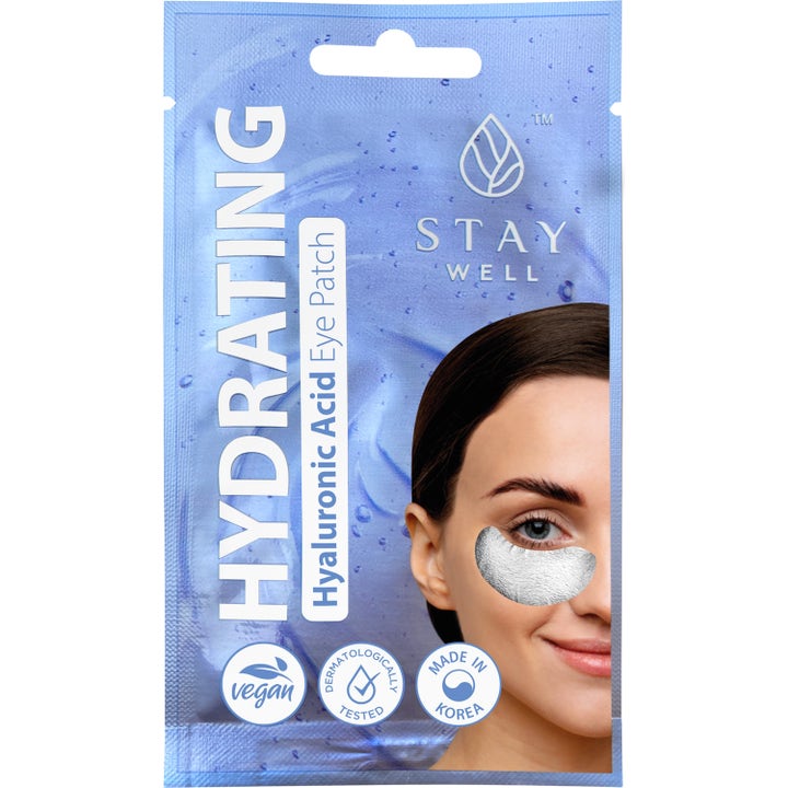 Stay Well Hydrating Hyaluronic Acid Eye Patch 1 par fuktighetsgivende øyemaske i lyseblå pose med sølvfargede patches