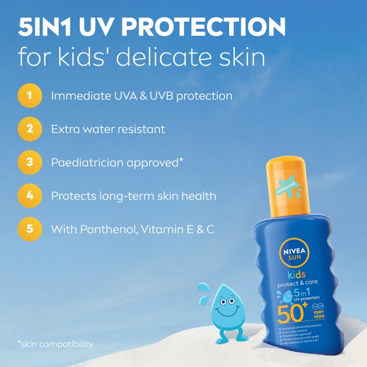 NIVEA Sun Protect & Care Kids Spray 200 ml solkrem med SPF 50+ gir 5-i-1 beskyttelse i en blå sprayflaske med gult lokk.