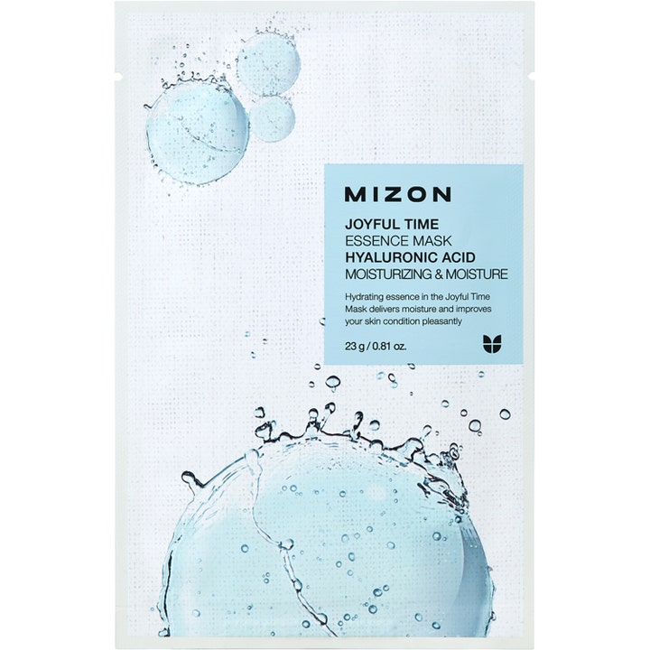Mizon Joyful Time Essence Mask Hyaluronic Acid 23 g fuktighetsgivende sheetmaske i hvit pakke med lyseblå vanndråper