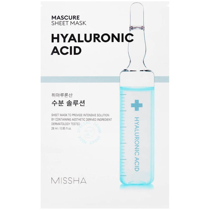 Missha Mascure Sheet Mask Hyaluronic Acid 28 ml fuktighetsgivende ansiktsmaske i hvit og blå forpakning