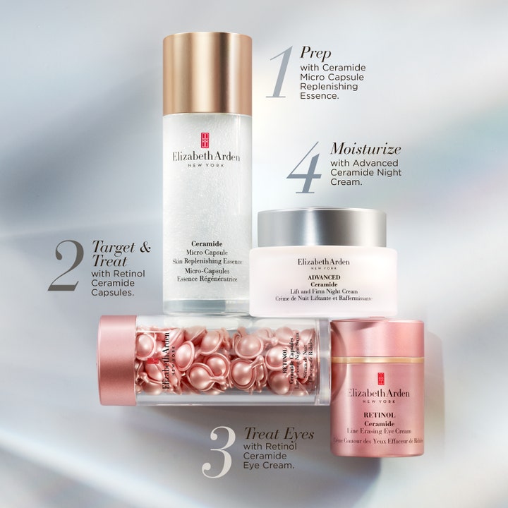 Elizabeth Arden Ceramide Lift & Firm Advanced Night Cream 50 ml i krukke sammen med andre hudpleieprodukter.