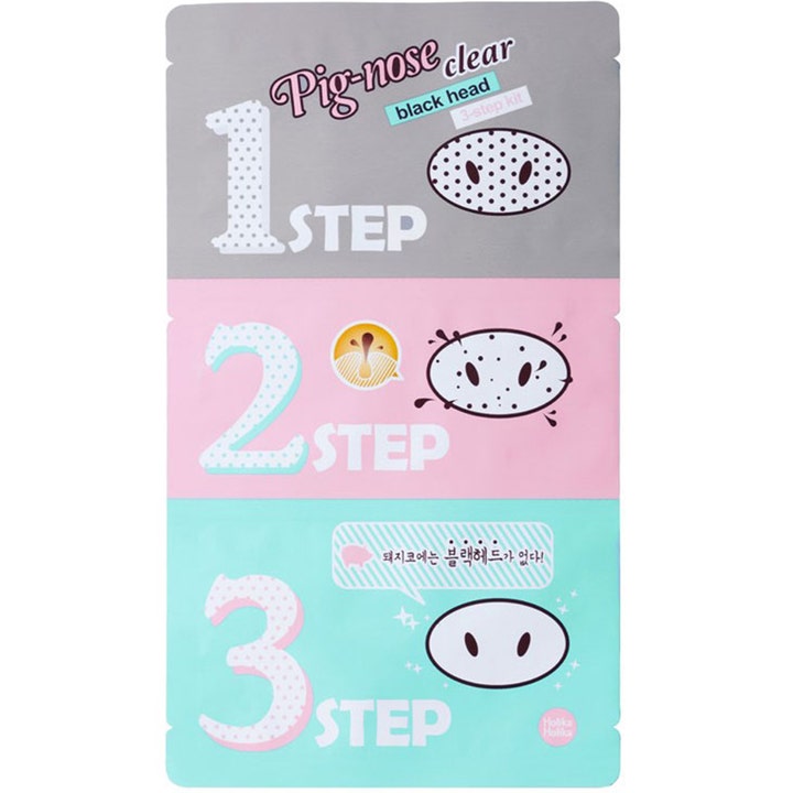Holika Holika Pig-Nose Clear Blackhead 3-Step Kit fjerner hudormer med trefarget ansiktsmaske i pose.