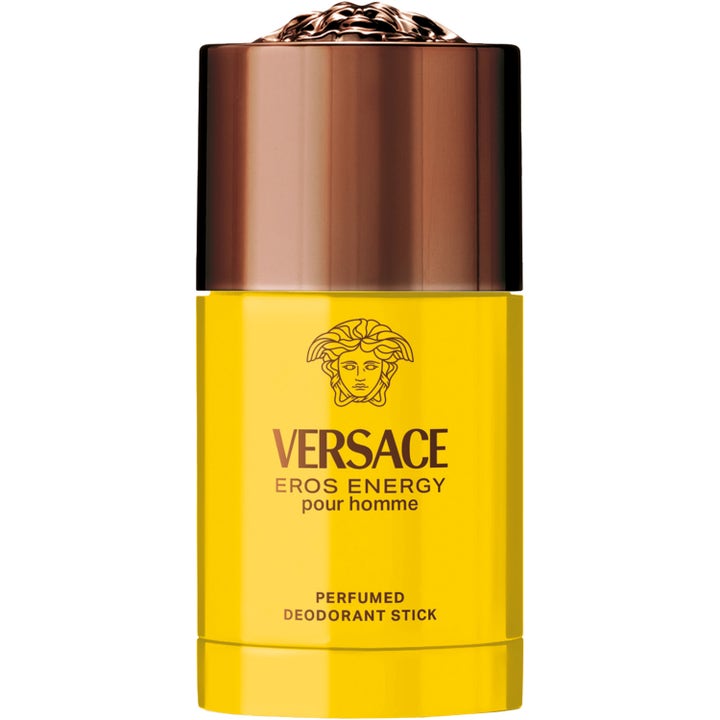Versace Eros Energy Pour Homme parfymert deodorantstick gir friskhet i en knallgul beholder med bronsefarget lokk