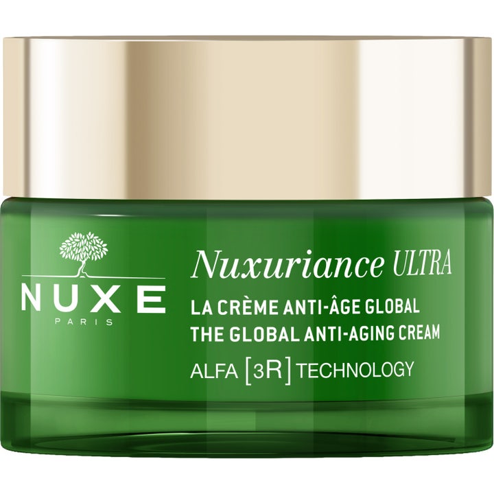 Nuxe Nuxuriance Ultra The Global Anti-Aging Cream fornyende ansiktskrem i grønn glasskrukke med gullfarget lokk