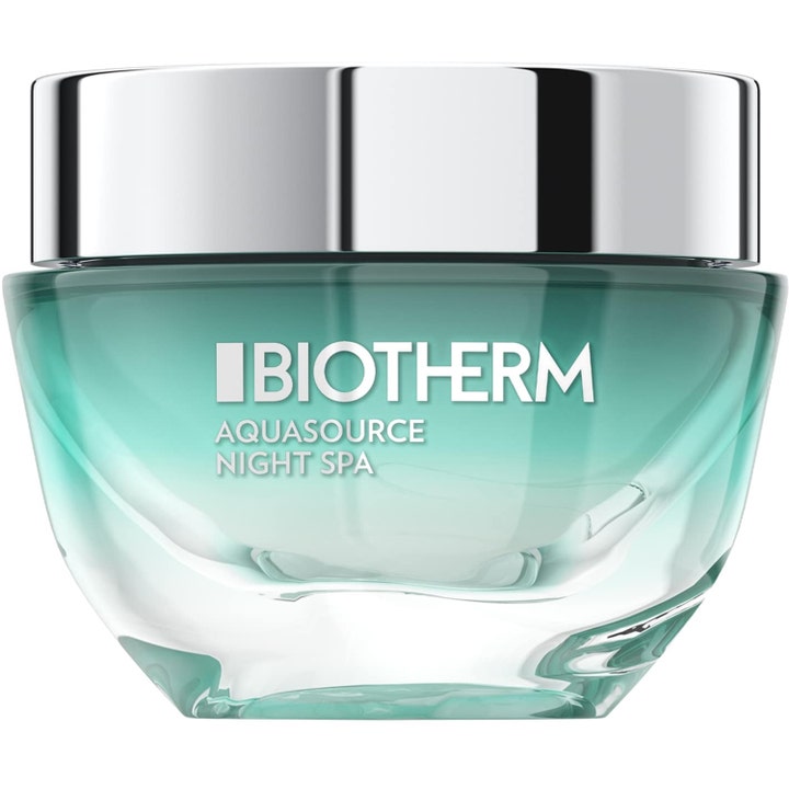 Biotherm Aquasource Night Spa 50ml fuktgivende nattkrem i en turkis glasskrukke med et reflekterende sølvlokk