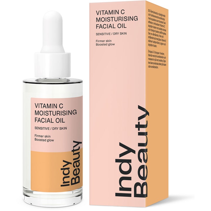 Indy Beauty Vitamin C Moisturising Facial Oil 30 ml fuktighetsgivende ansiktsolje i glassflaske med pipette og eske