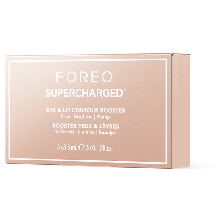 FOREO SUPERCHARGED Eye & Lip Contour Booster 10.5 ml serum i rosegyllen eske som virker oppstrammende og lysnende.