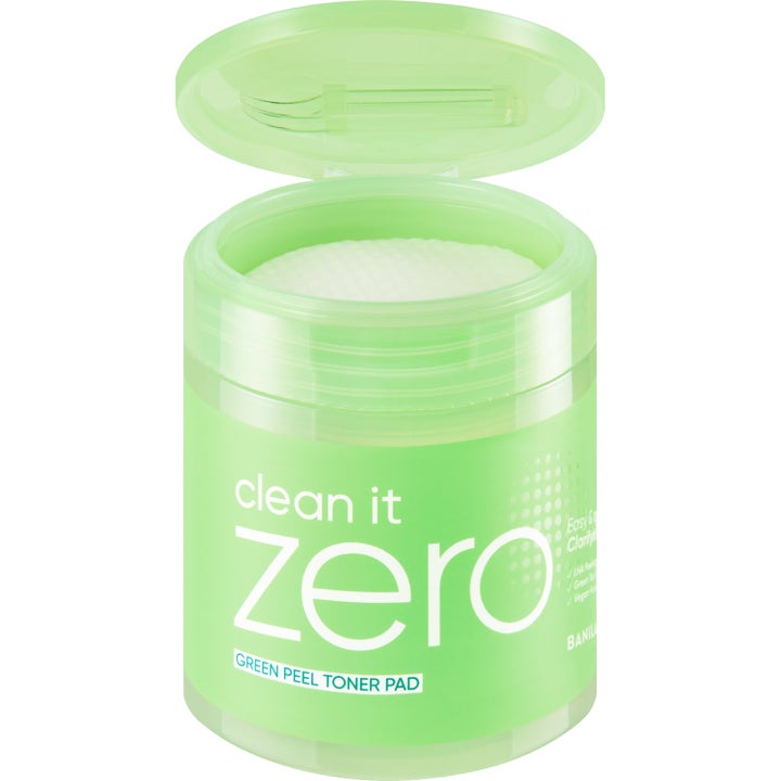 Banila Co Clean It Zero Green Peel Toner Pad 70 stk eksfolierende toner i grønn krukke med åpnet lokk og pinsett.