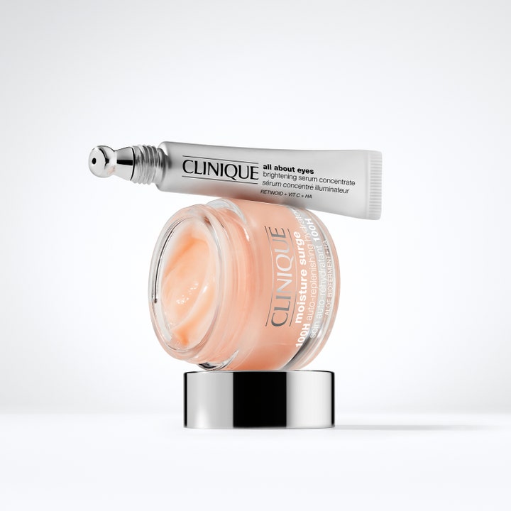 Clinique Moisture Surge 100H 125 ml fuktighetskrem i krukke og All About Eyes serum i tube med kjølende rollerball